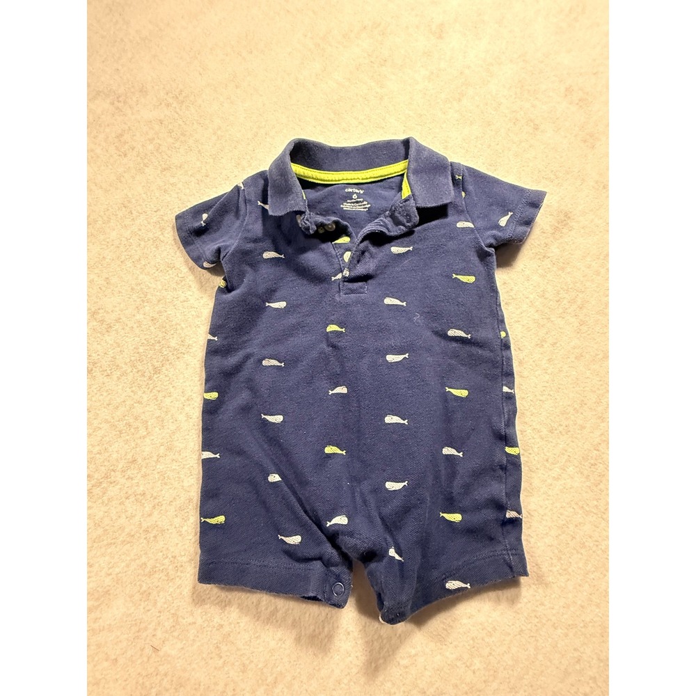 Carters Baby Boy Whale Print Polo Romper Navy Blue Lime Green 6 Months